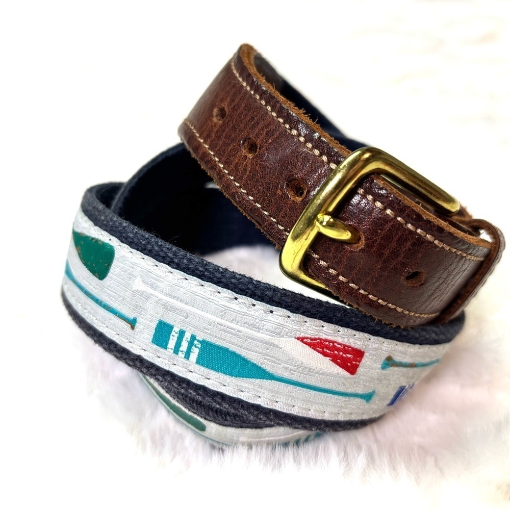 Preston Men’s Boating Oar Navy Blue Belt with Brown Leather And Gold Buckle 34”